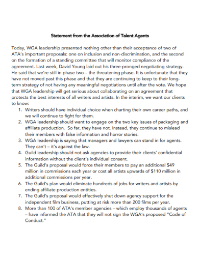 talent agent association statement