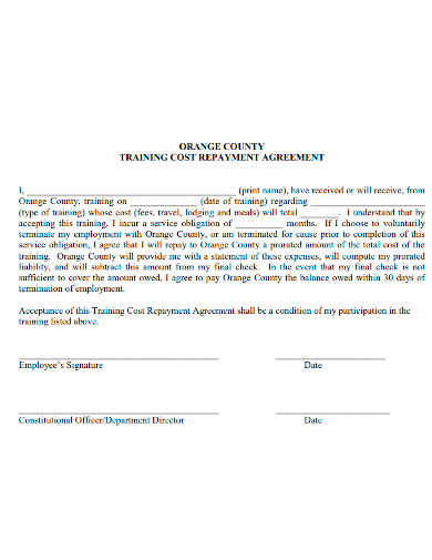 training cost repayment agreement sample