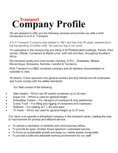 trucking transport company profile