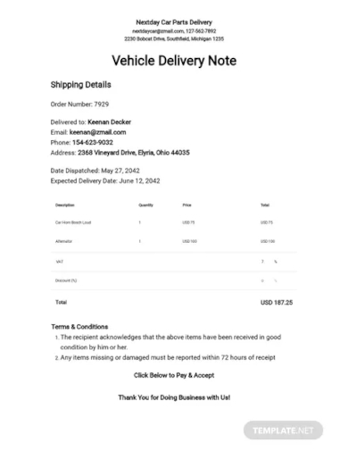 vehicle delivery note template