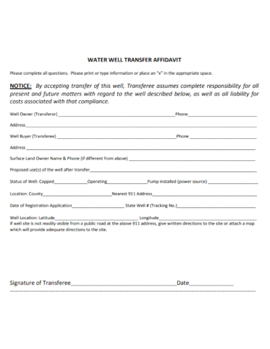 water well affidavit of transferee