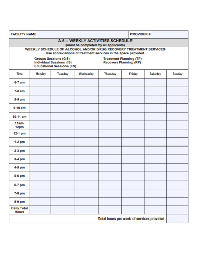 weekly treatment activity schedule