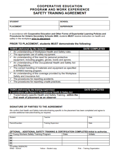 work experience safety training agreement