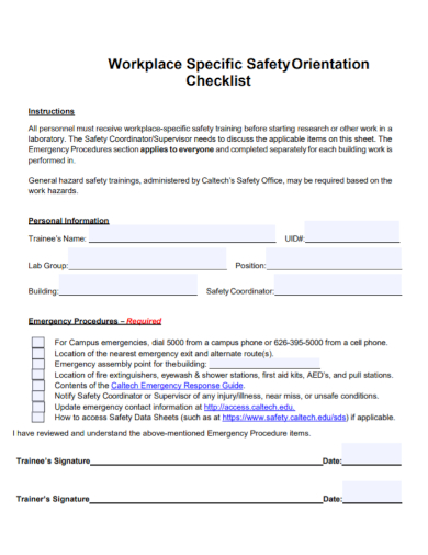 workplace safety orientation checklist