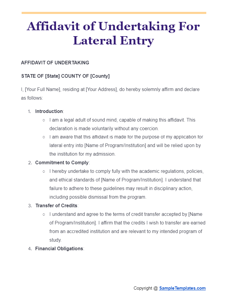 affidavit of undertaking for lateral entry
