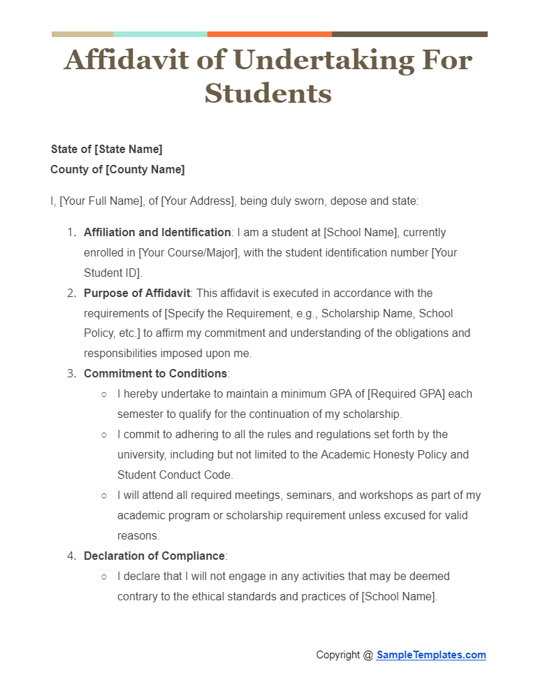 affidavit of undertaking for students