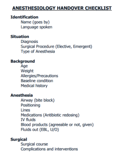 anesthesiology handover checklist