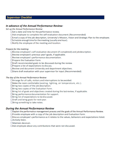 annual performance supervisor checklist