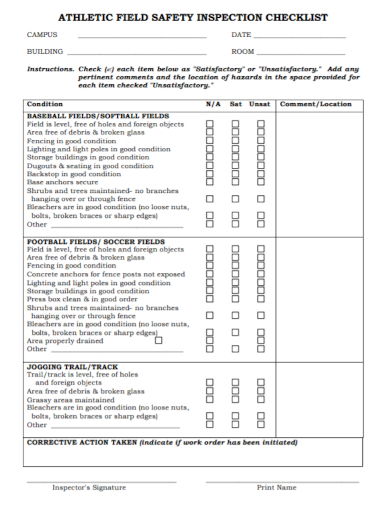 athletic field safety inspection checklist