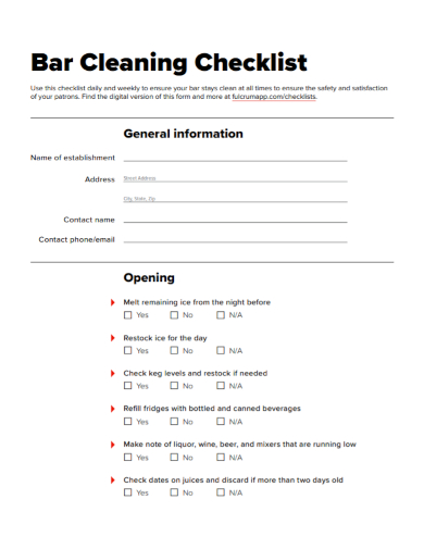 bar cleaning checklist
