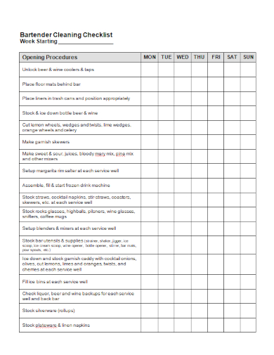 FREE 4 Bar Cleaning Checklist Samples Staff Restaurant Opening 