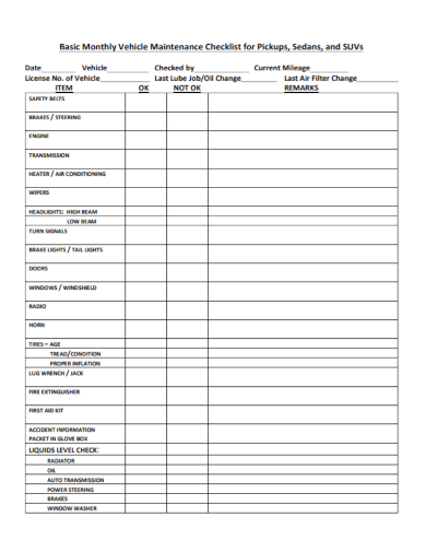 basic monthly vehicle maintenance checklist