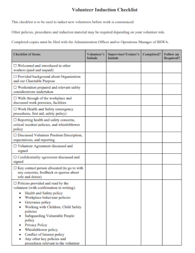 basic volunteer induction checklist
