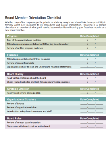 board member orientation checklist