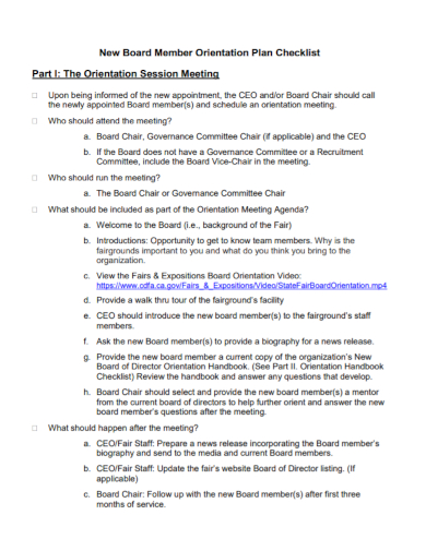 board member orientation plan checklist