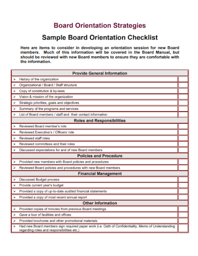 board orientation strategy checklist
