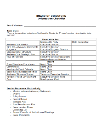 board of director members orientation checklist