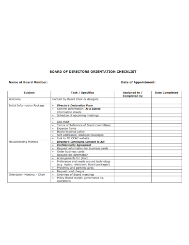 board of directors orientation checklist