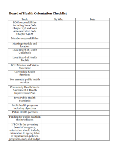 board of health orientation checklist