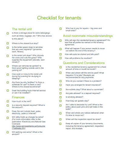 checklist for tenant