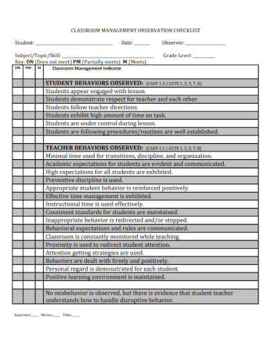 classroom management observation checklist