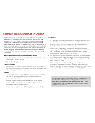 classroom teaching observation checklist