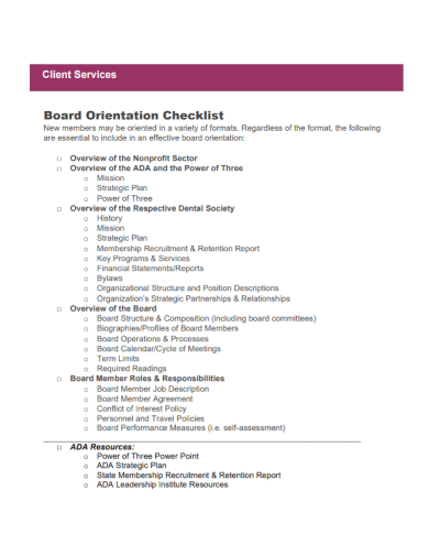 client board orientation checklist
