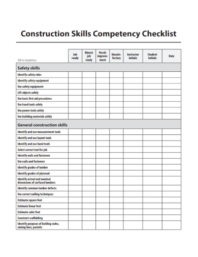 construction skills competency checklist