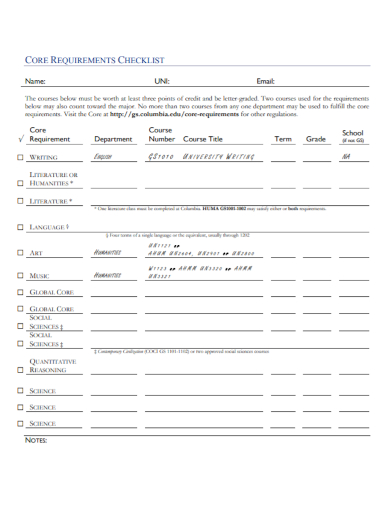 core requirement checklist
