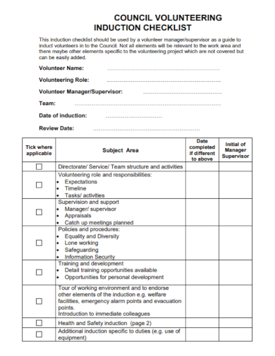 council volunteer induction checklist