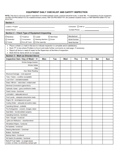 daily equipment safety inspection checklist