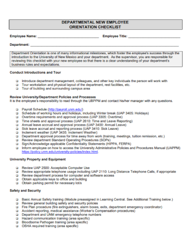 departmental new employee orientation checklist