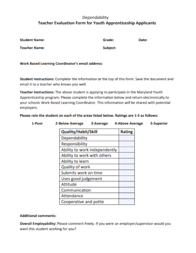 dependability teacher evaluation form