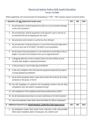 electrical safety policy self­ audit checklist
