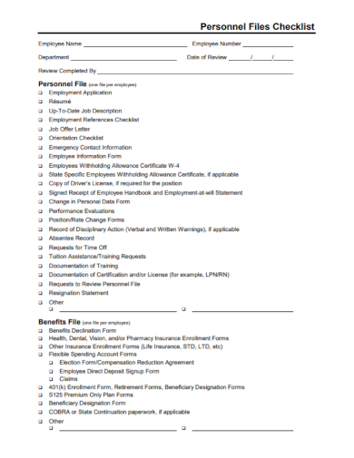 FREE 10  Employee File Checklist Samples Personnel Medical New