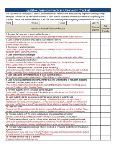 equitable classroom observation checklist