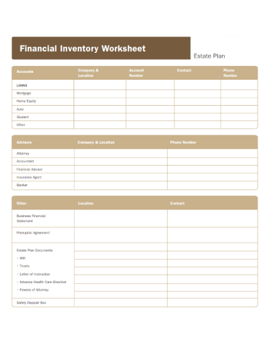 estate financial plan inventory worksheet