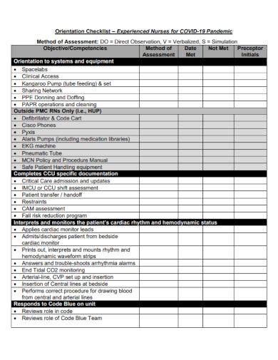 experienced nursing orientation checklist