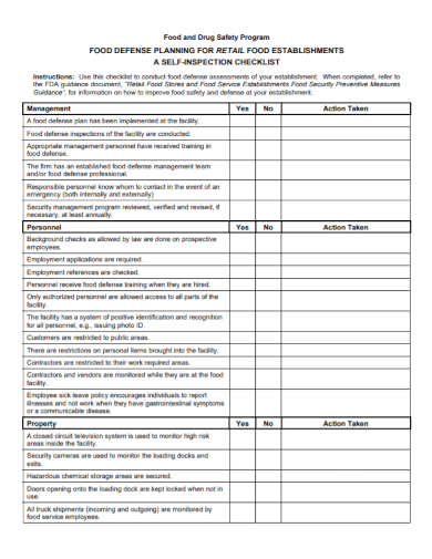 food safety establishment inspection checklist