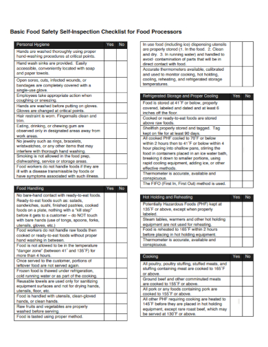 food safety self inspection checklist