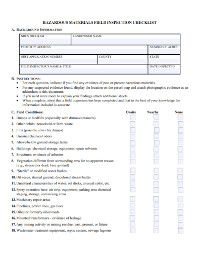 hazardous material field inspection checklist
