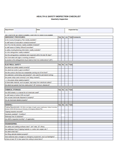 health and safety quarterly inspection checklist