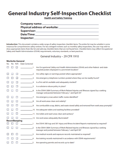 health and safety training inspection checklist