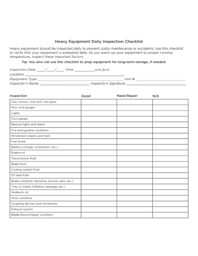 heavy equipment daily inspection checklist