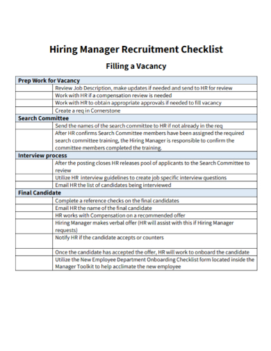 hiring manager recruitment checklist