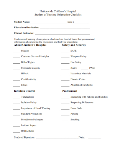 hospital nursing orientation checklist