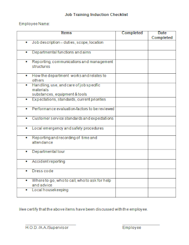job training induction checklist