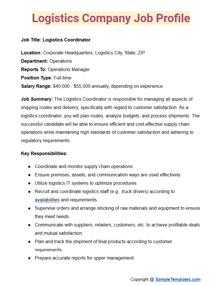 logistics company job profile