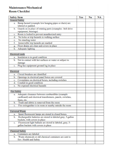 mechanical room maintenance checklist