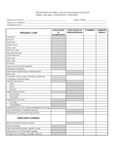 nurse health aide competency checklist